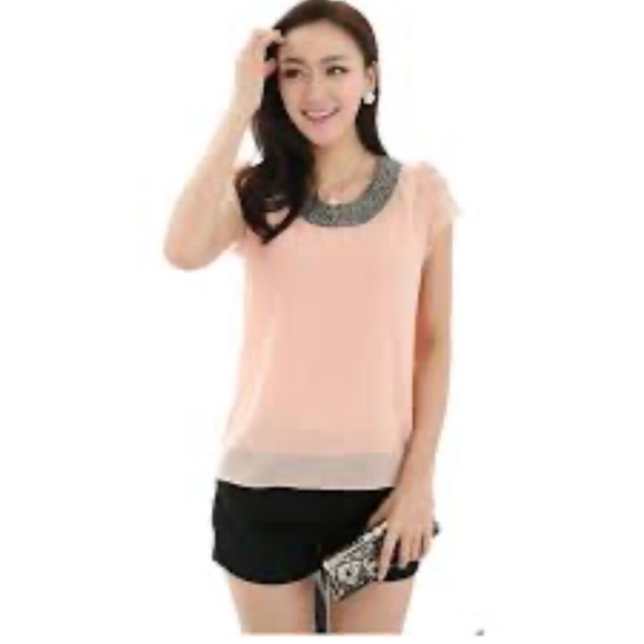 Peach Chiffon Top with Beaded Round Neckline and Crossover Flutter Sleeves - Picture 2 of 11